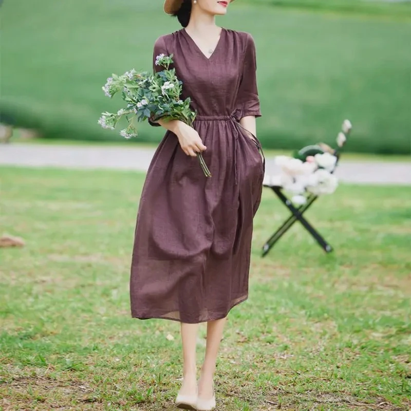 桑蚕丝2025夏文艺V领连衣裙宽松显瘦收腰气质长裙A387