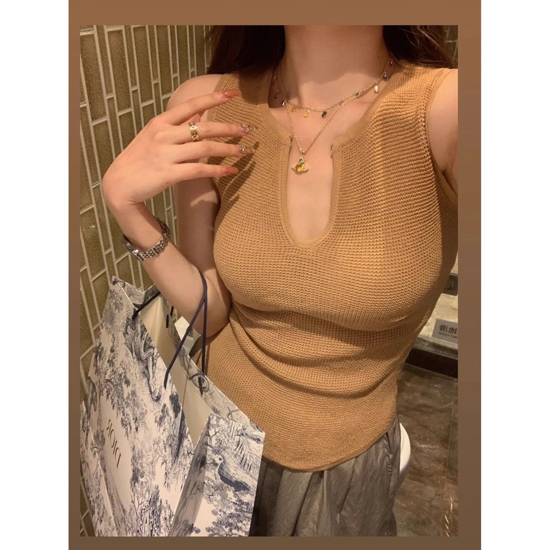 夏季新款华夫格气质无袖上衣V领打底衫女美式修身显瘦针织背心潮