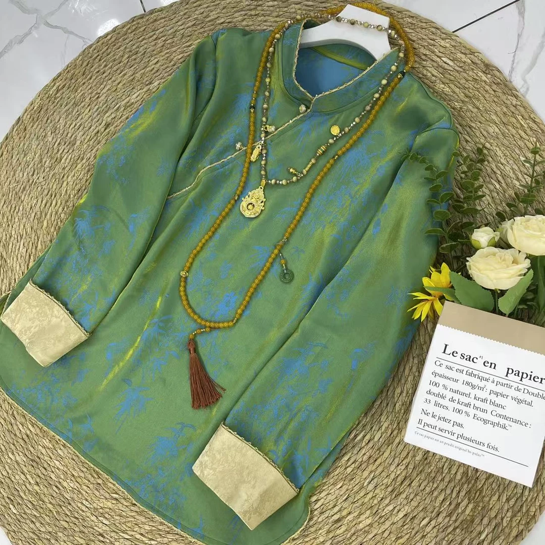 乐87661（富贵竹）新年款大码新中式国风斜襟盘扣珍珠领拼袖提花衫