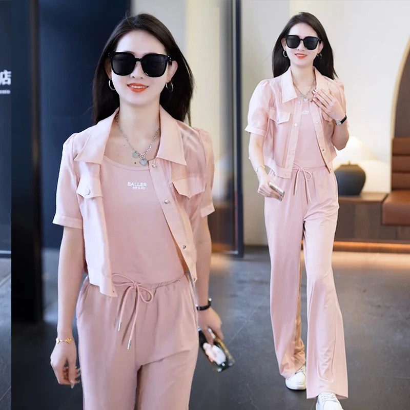 时尚休闲套装女2025夏季新款洋气减龄短袖运动服吊带阔腿裤三件套