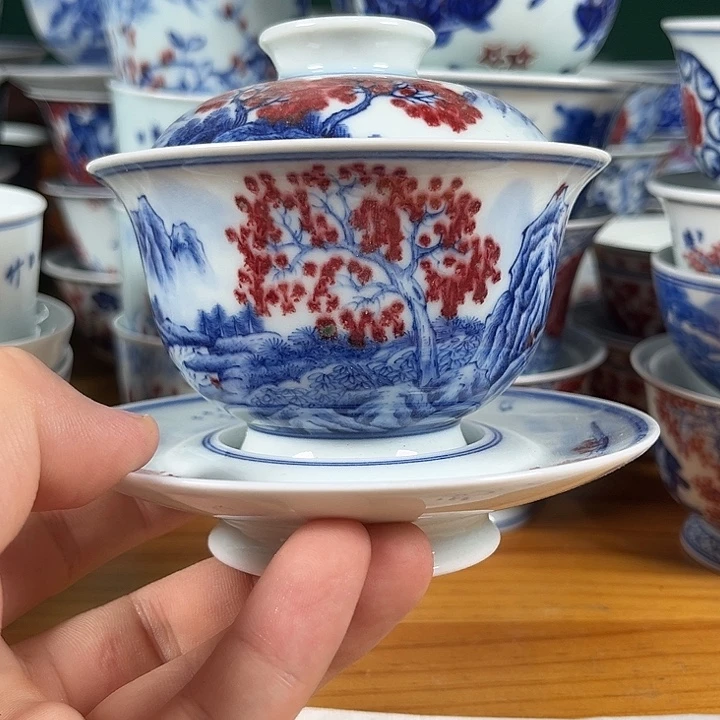 青花釉里红山水盖碗