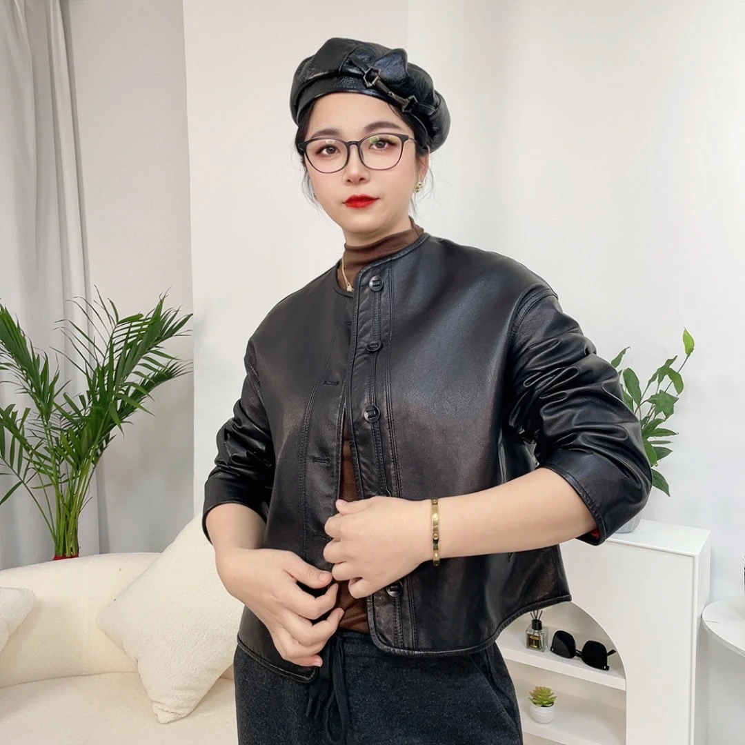 沵弗 2025海宁真皮羊皮女士春秋圆领宽松韩版皮衣加厚两面穿外套