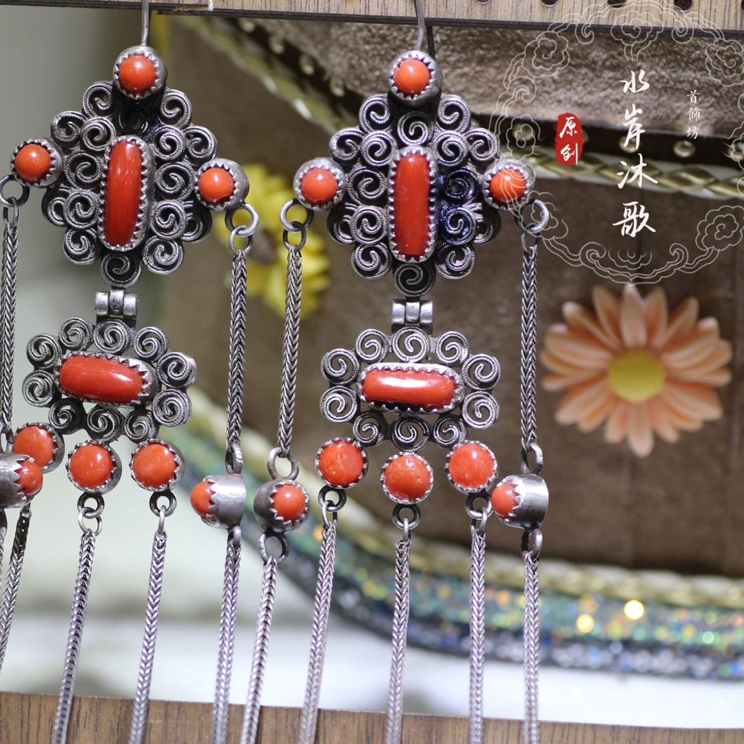 足银耳饰 旭日蒙古元素纯银长款耳环1480