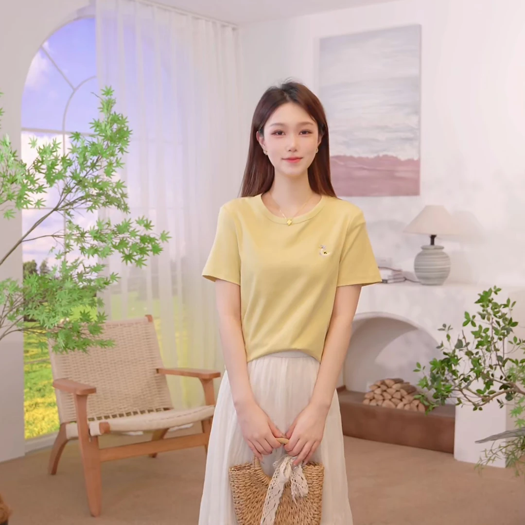 【商场同款】茵曼秋季纯色小鸭LOGOT恤甜美可爱风格衣服