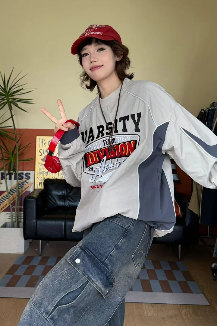 壹三三 圆领卫衣美式复古做旧宽松长袖运动休闲秋新款情侣百搭潮