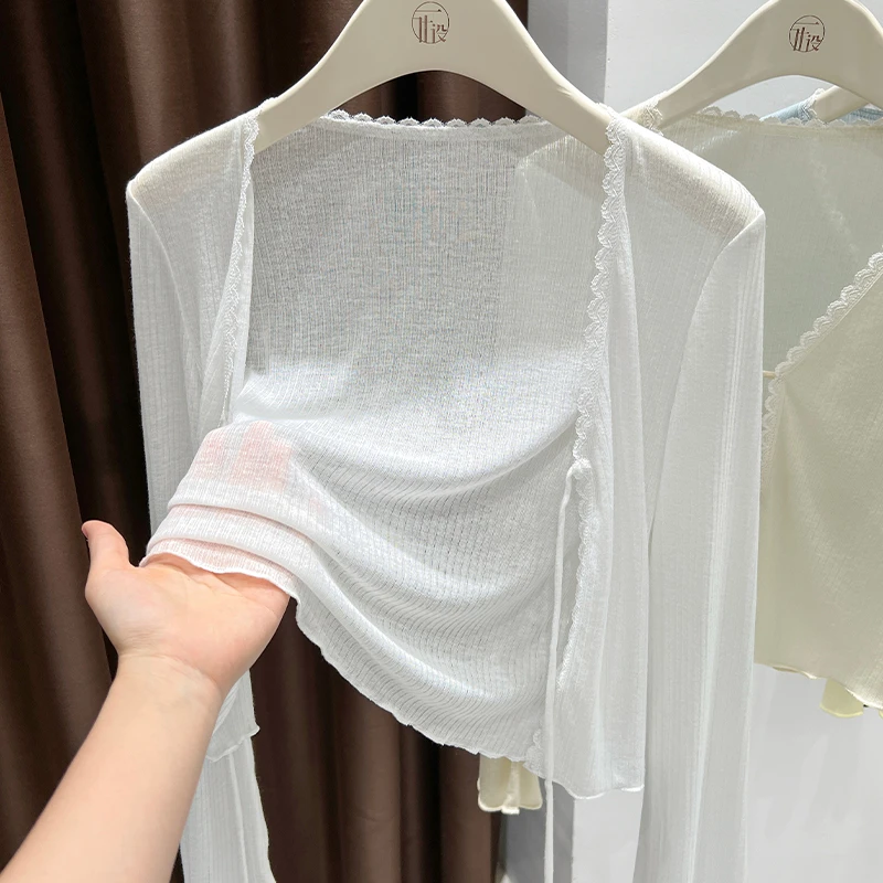 白色洋气系带开衫夏季新款花边v领独特漂亮小衫防晒披肩外搭罩衫