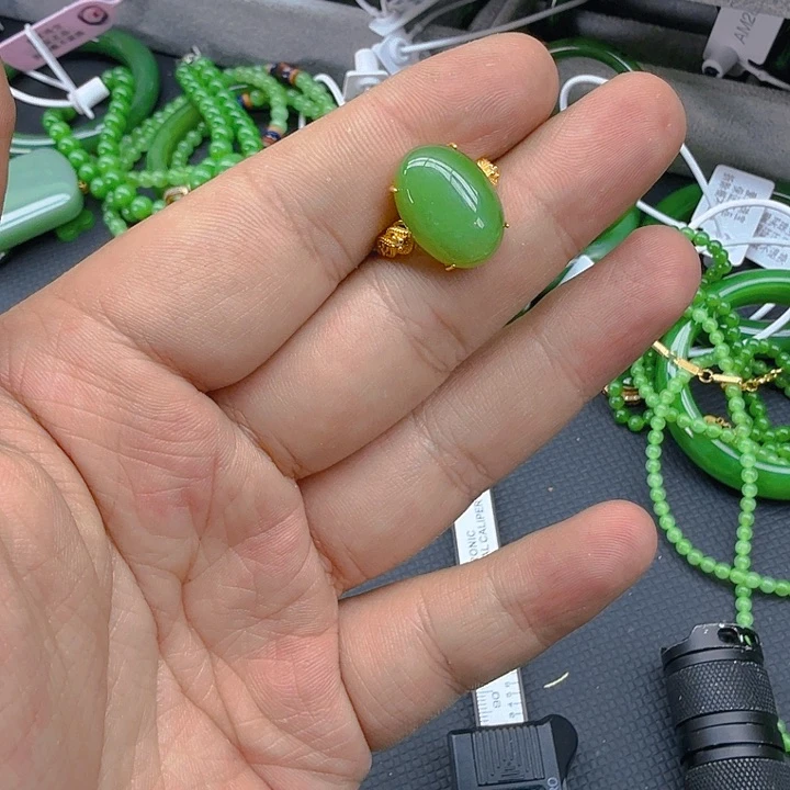 和田玉（碧玉）戒指银S925镀金镶嵌