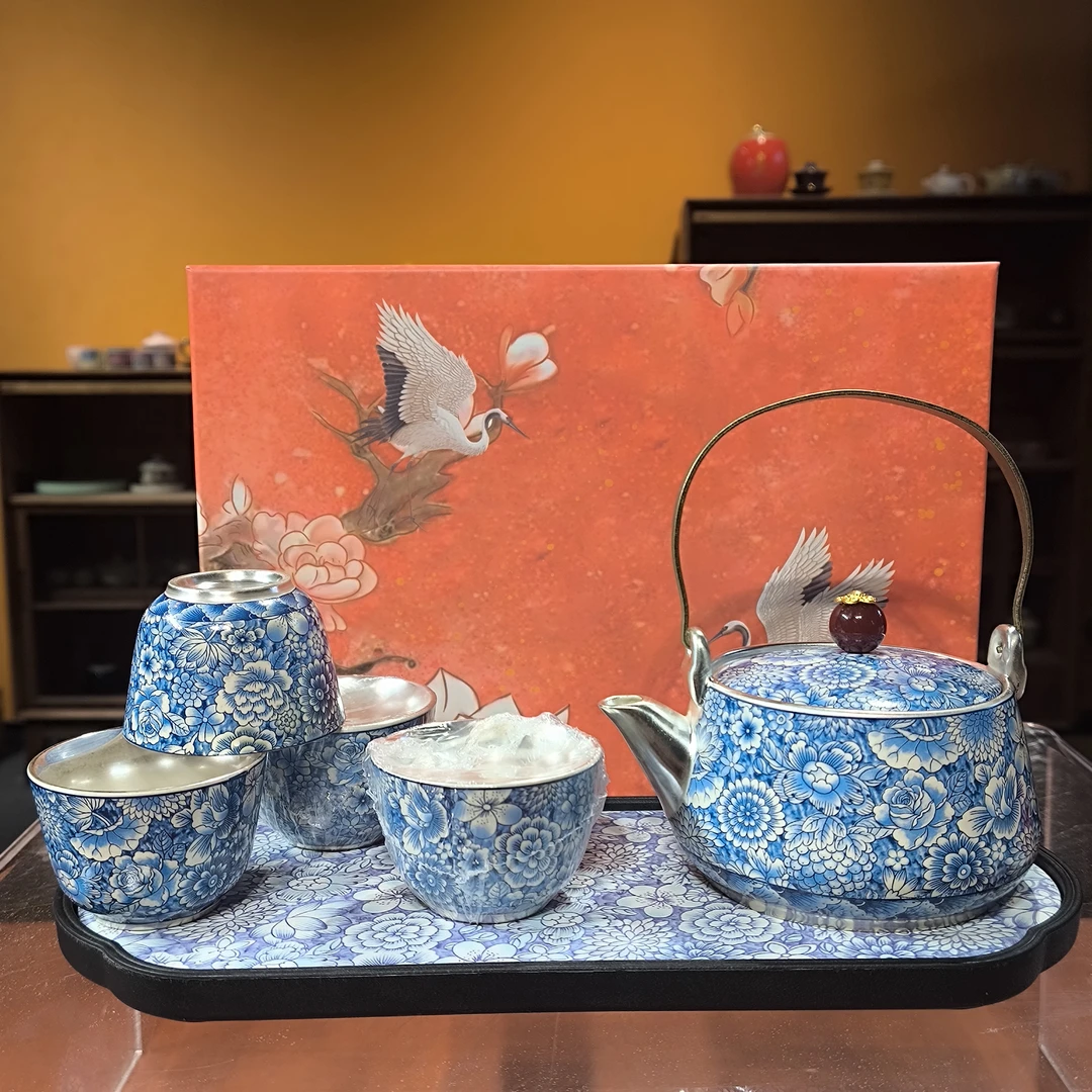德化云仓 青花鎏银提梁壶一壶两杯带礼盒-2515