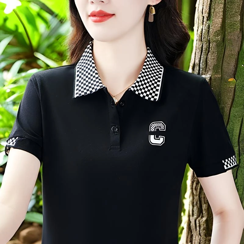 潮黑色中年妈妈装2025夏季爆款新款运动polo衫减龄奶橘短袖T恤女