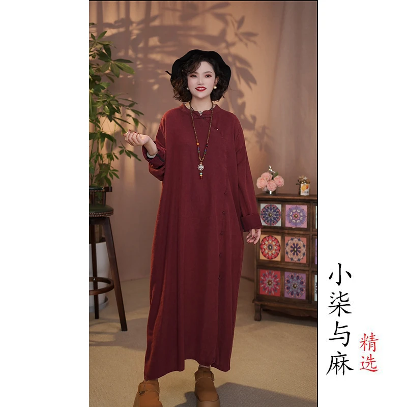 【小柒与麻】（衣长118胸围140）雨露麻盘扣斜襟长款裙袍酒红色