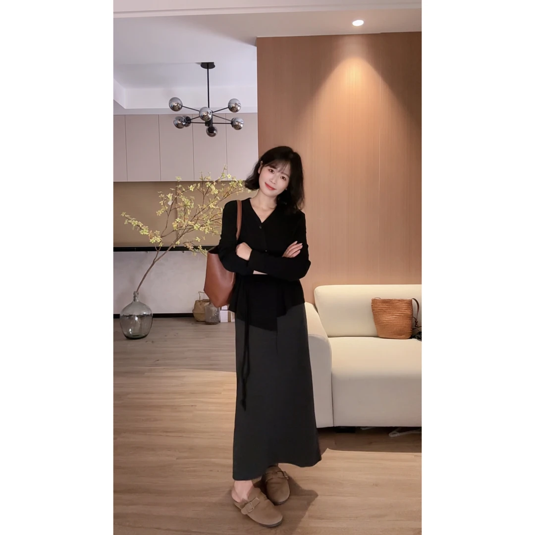 大鱼定制 秋冬新款松紧腰中长款简约百搭针织半身裙