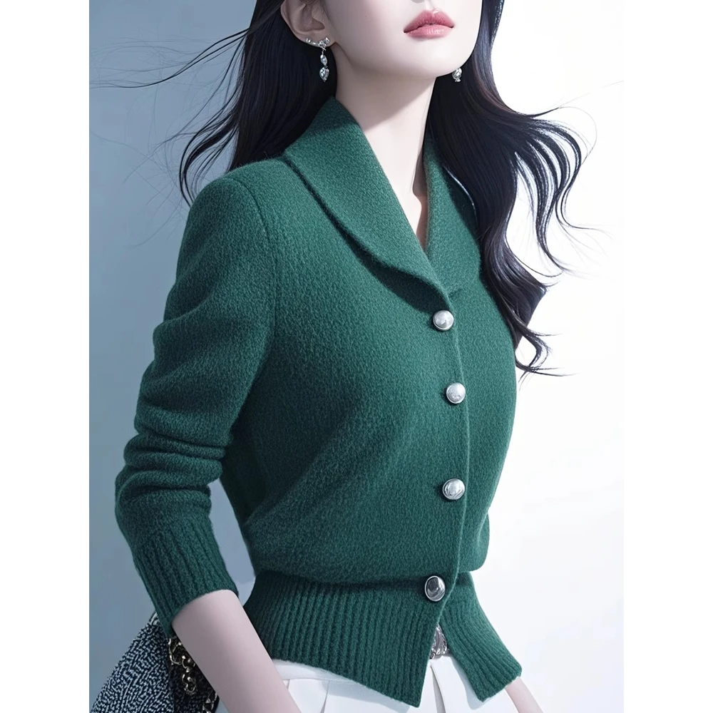 小香风绿色针织开衫女加厚秋冬季新款时尚气质高级感收腰外套