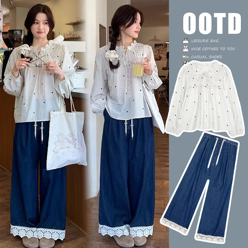 甜美孕妇套装2025春夏新款时尚印花衬衫时髦蕾丝拼接牛仔裤两件套