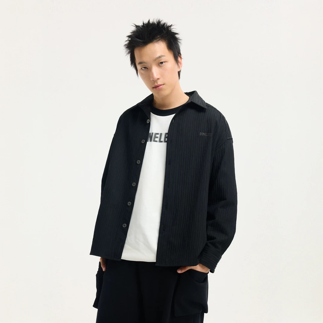 BONELESS褶皱肌理刺绣衬衫翻领高级感上衣宽松皮牌外套男春季衬衣