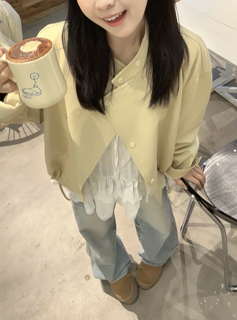 豆芽大王 韩系春秋浅黄色通勤立领皮衣夹克复古机车服短外套