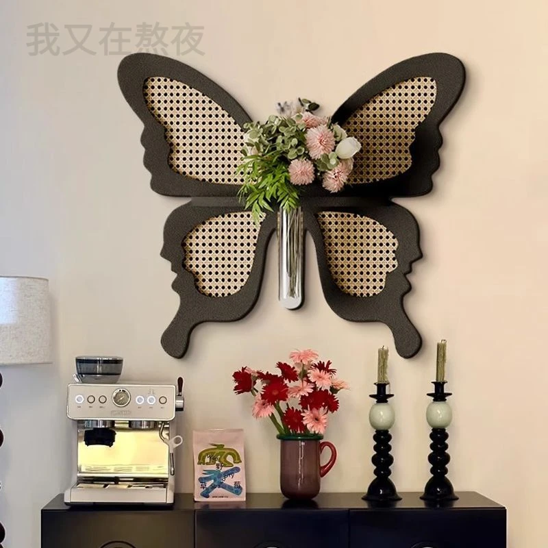 法式复古蝴蝶立体竹编砂岩花瓶装饰画中古风玄关挂画客厅餐厅壁画