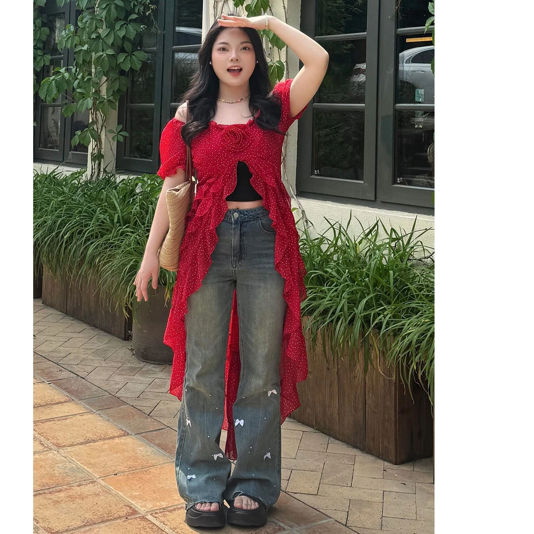 300斤美式复古微喇牛仔裤女胖mm裤子大码高腰显瘦梨形身材喇叭裤