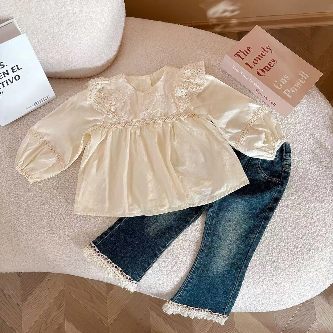 女童2025秋季韩系童装时尚蕾丝衬衫女宝宝蕾丝牛仔裤长裤两件套潮