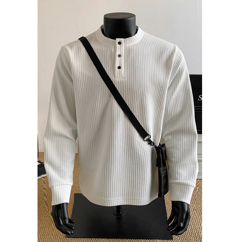 肌理感亨利领长袖T恤男秋季美式cleanfit宽松打底衫纯色休闲内搭