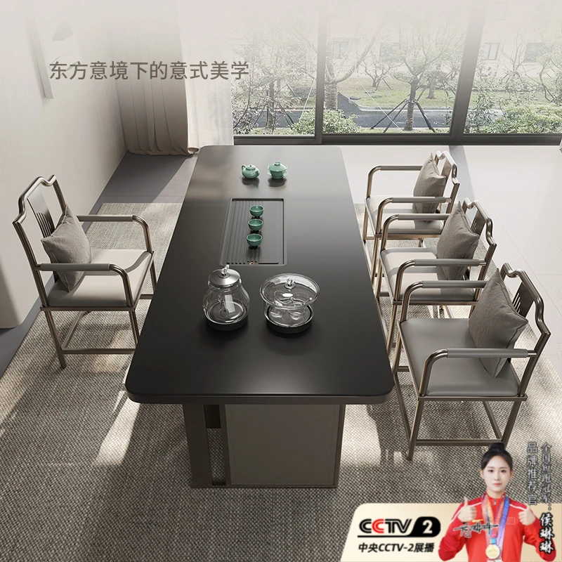 轻奢岩板茶桌简约现代高级感办公室茶桌烧水壶一体家用功夫泡茶桌