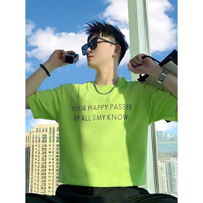 重磅绿色T恤男夏季ins潮牌痞帅短袖新款时尚潮流休闲宽松半袖体恤