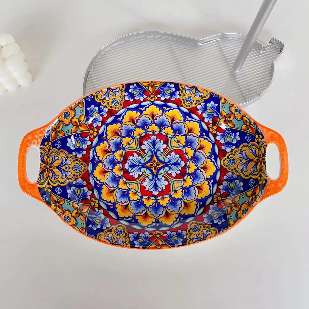 【橙绢花12寸船形烤盘1个装】陶瓷家用高颜值复古釉下彩鱼盘