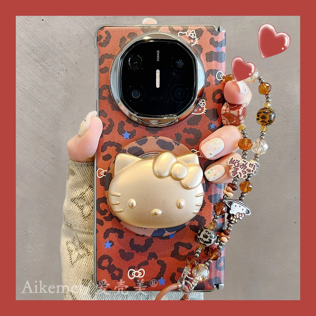 适用华为mateX6折叠屏手机壳MateX5典藏版皮质豹纹KT猫X3磁吸支架