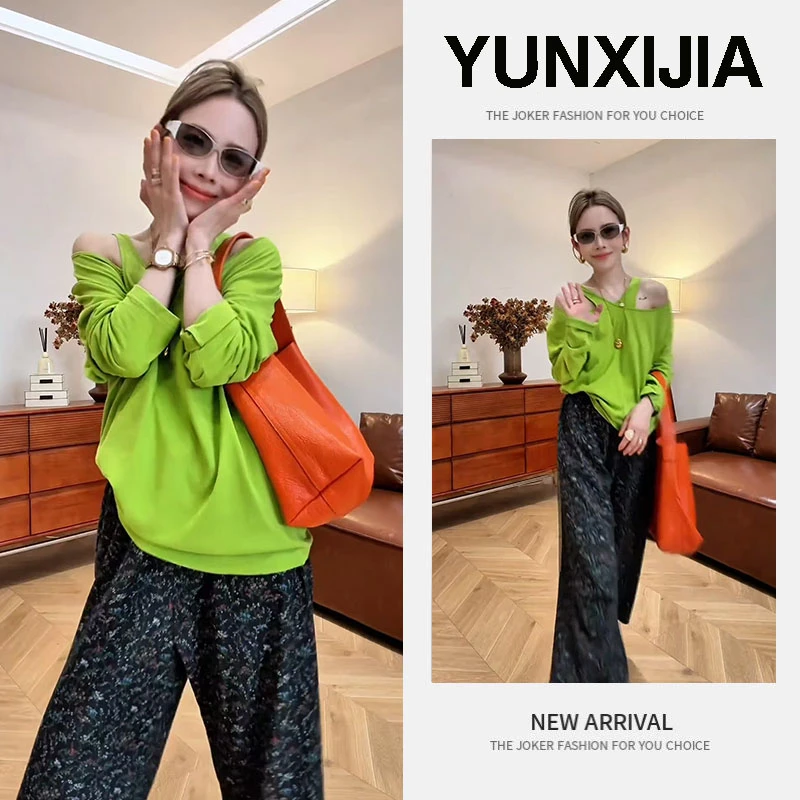 女装2025年秋季新款长袖性感风斜领辣妹风上衣网红印花长裤两件套