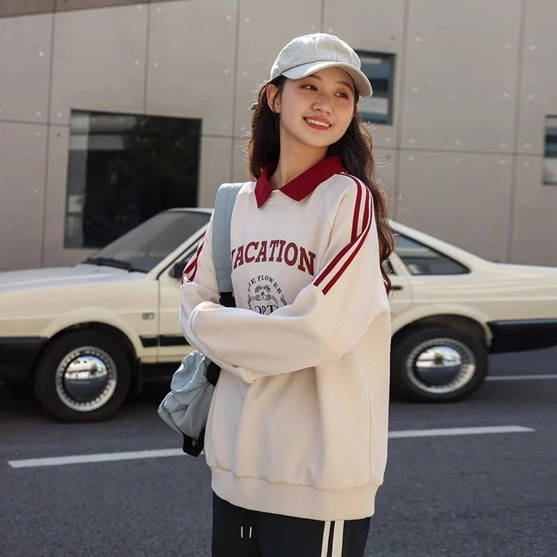 女大童卫衣春秋2025新款宽松洋气polo领插肩袖青少年初中学生上衣