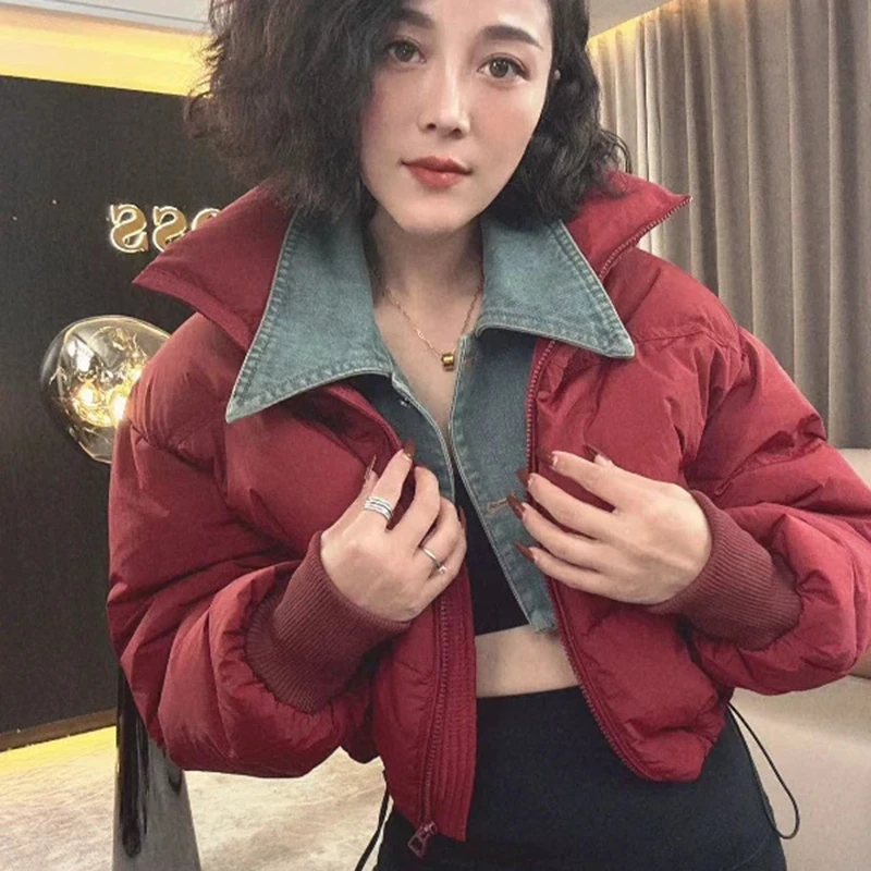 假两件脱卸牛仔领棉衣棉服女2025冬季新款高级感设计宽松百搭棉衣