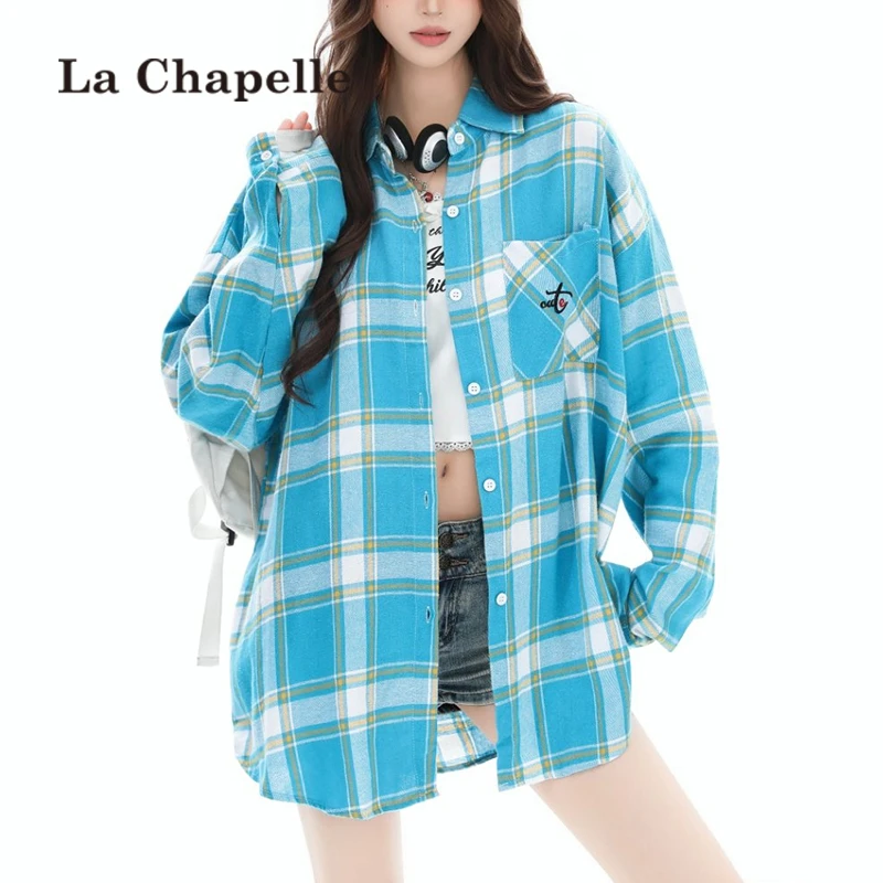 拉夏贝尔格子衬衫女款春夏新款蓝色法式上衣长袖慵懒风超好看衬衣