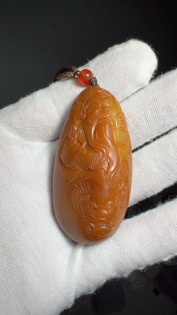 非金属布艺吊坠 黄沁洒金皮玉石武财神挂件