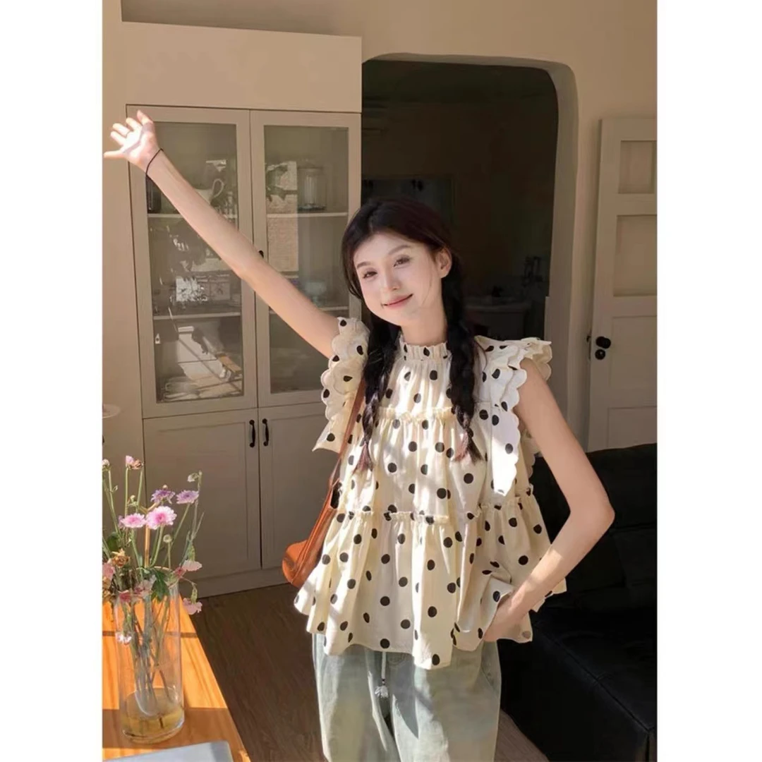 2024新款法式甜美气质波点飞飞袖重工衬衣短袖上衣显瘦