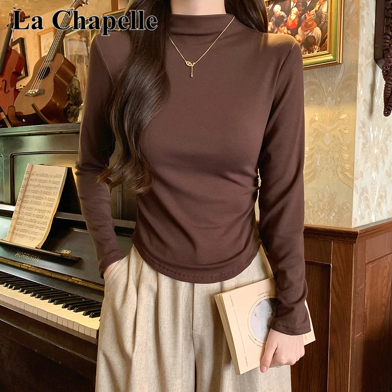 拉夏贝尔韩版半高领修身显瘦长袖t恤打底衫女秋新款纯色百搭上衣