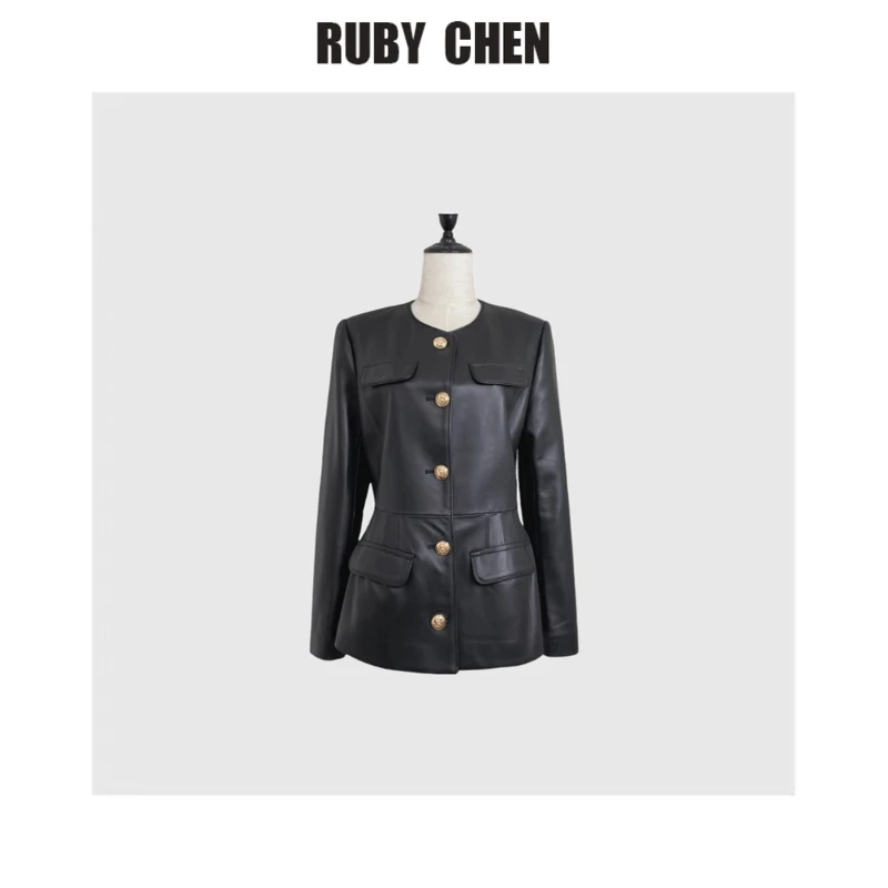 ruby~金扣圆领收腰款气质皮衣短外套女