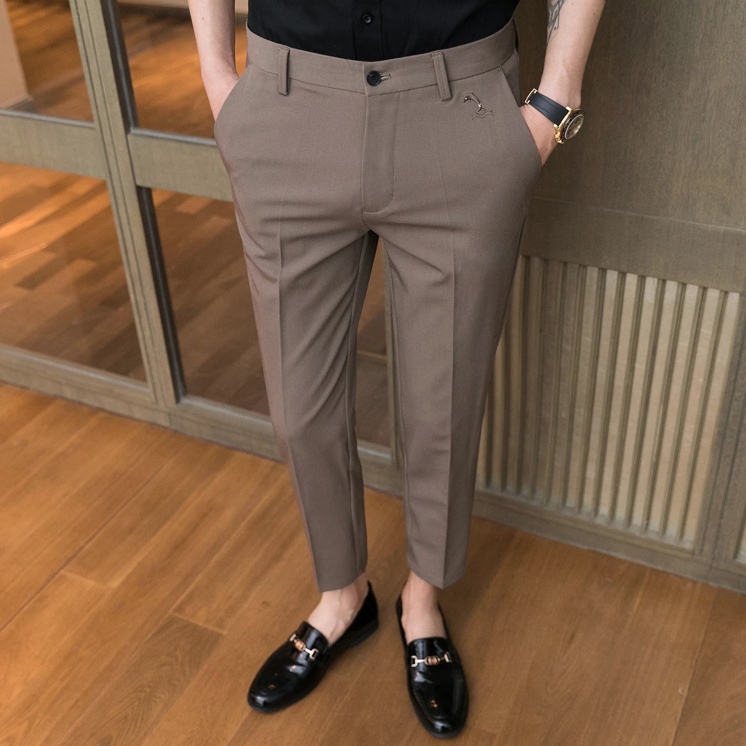 秋季修身小脚九分裤子男士棕色商务西裤男生显瘦高端休闲裤长裤