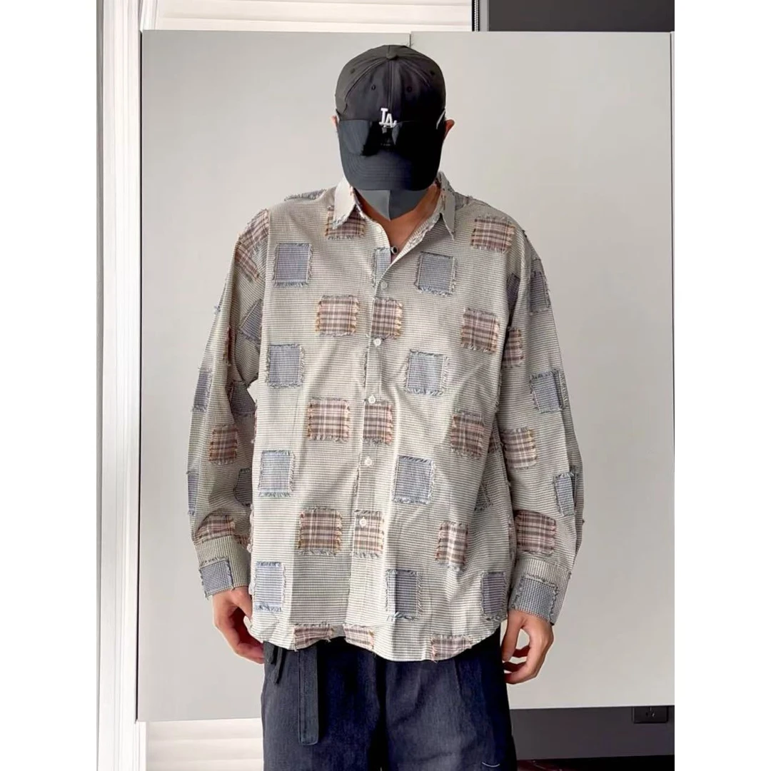 大圣圣 高品质韩版宽松贴布拼接格子长袖衬衫衬衣男TOB 31121