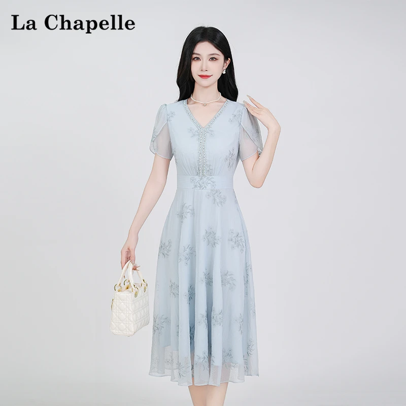 【拉夏贝尔】夏季法式设计感显瘦松紧腰短袖连衣裙