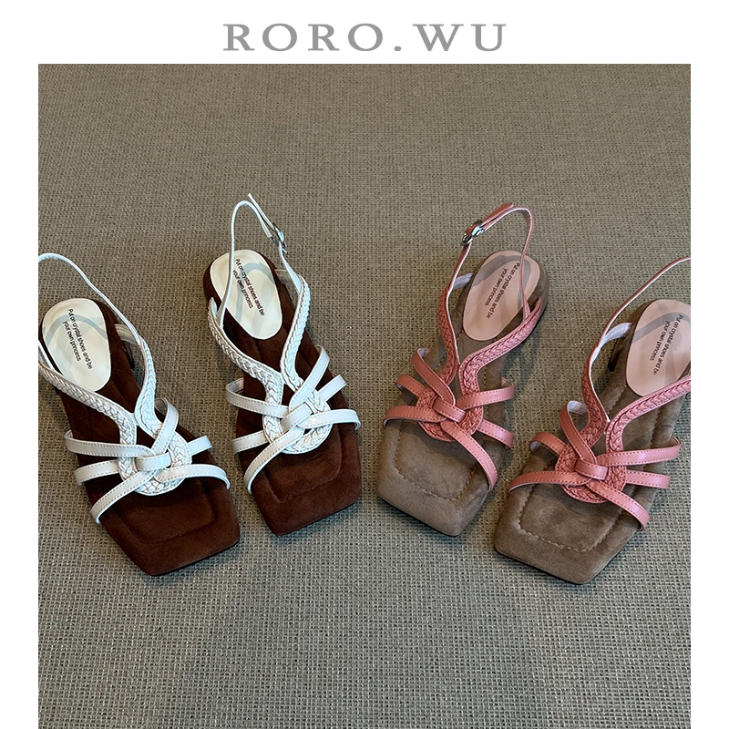 娆娆吴·羊皮气质方头粗跟扣带时尚轻奢优雅百搭日常凉鞋T982