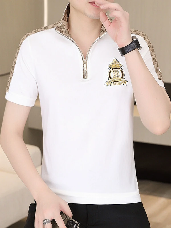 夏季男士立领拉链t恤短袖修身半袖修身上衣潮流体恤欧货刺绣轻奢