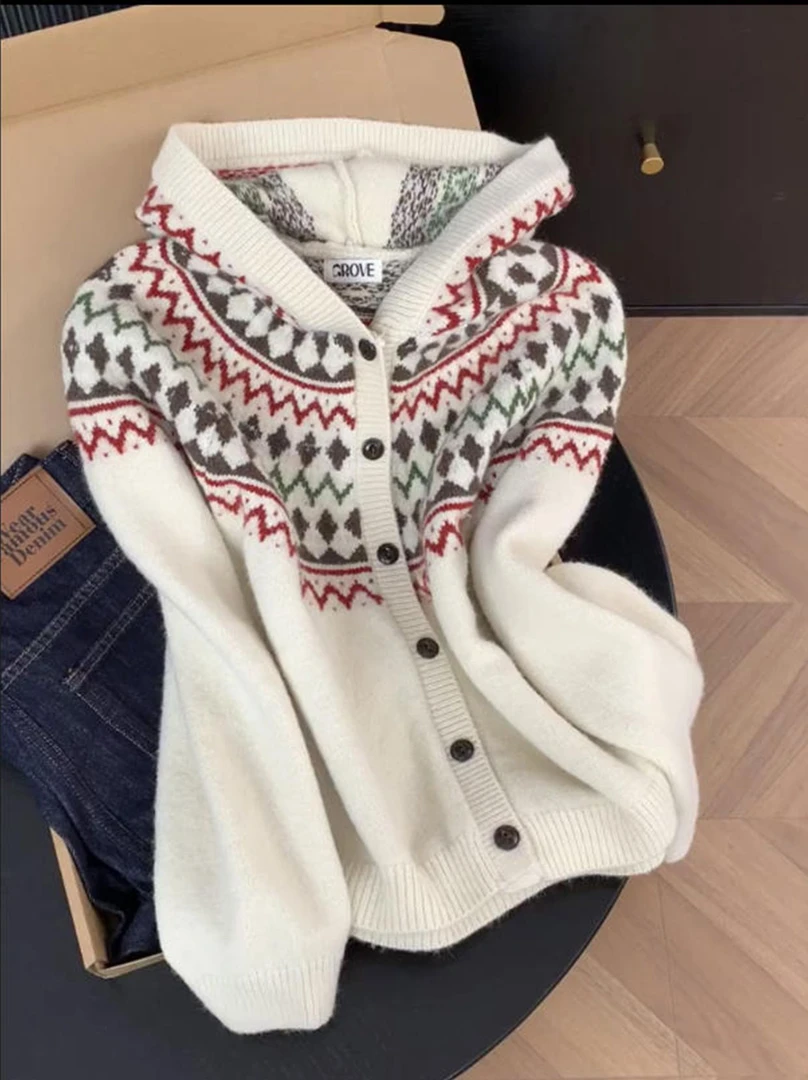 复古费尔岛针织打底衫女2026冬季穿搭毛衣miu系独特漂亮连帽上衣