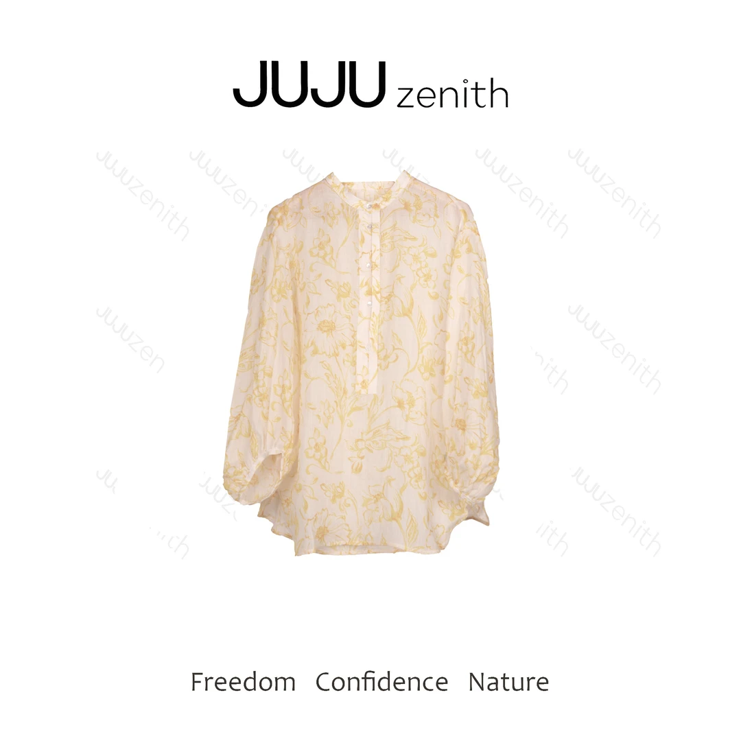 JUJU·时尚立领苎麻艺术印花宽松衬衫