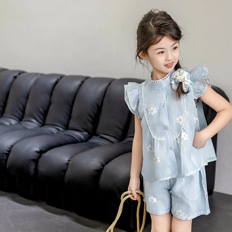 女童夏装套装国风典雅气质上衣薄阔腿裤两件套6—12岁女孩上学汉服