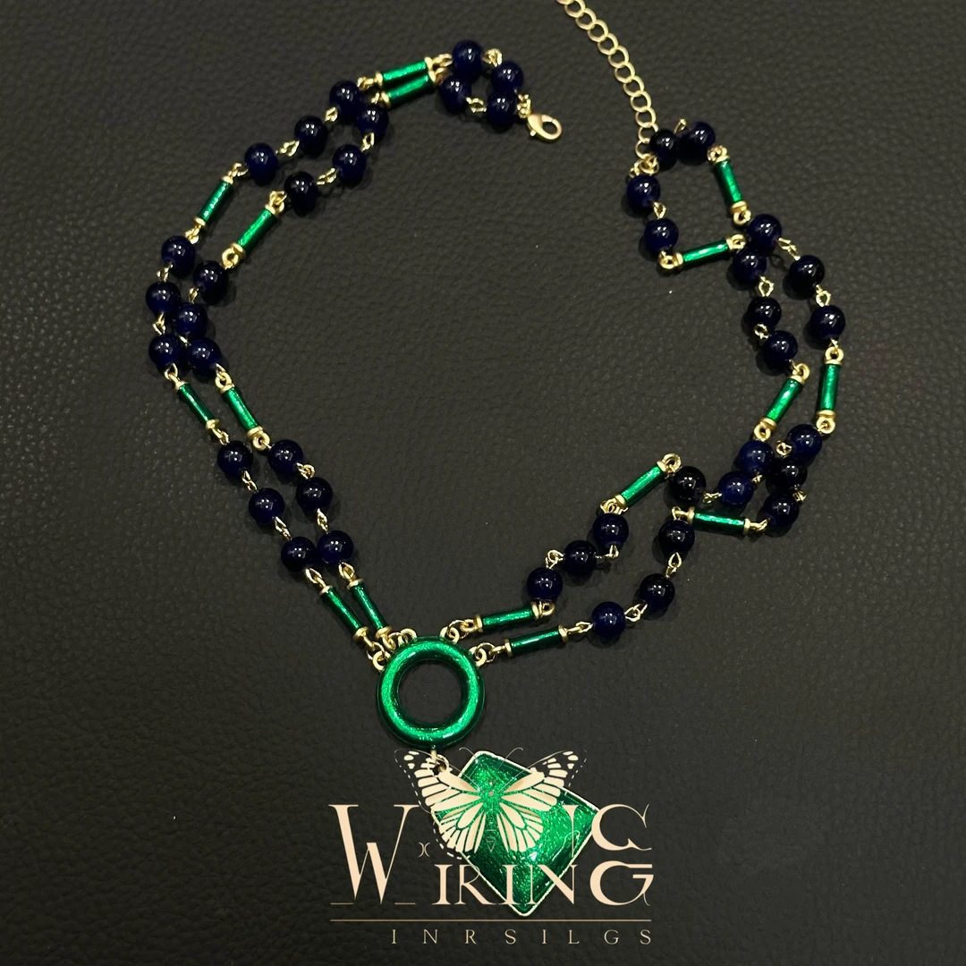 铜琉璃项链 王大嘴原创 “绿环蓝珠”中古宫廷流苏双层项链A909