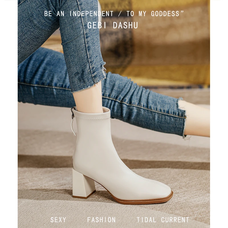真皮白色马丁靴女高跟小短靴女春秋单靴2025新款中跟踝靴粗跟靴子