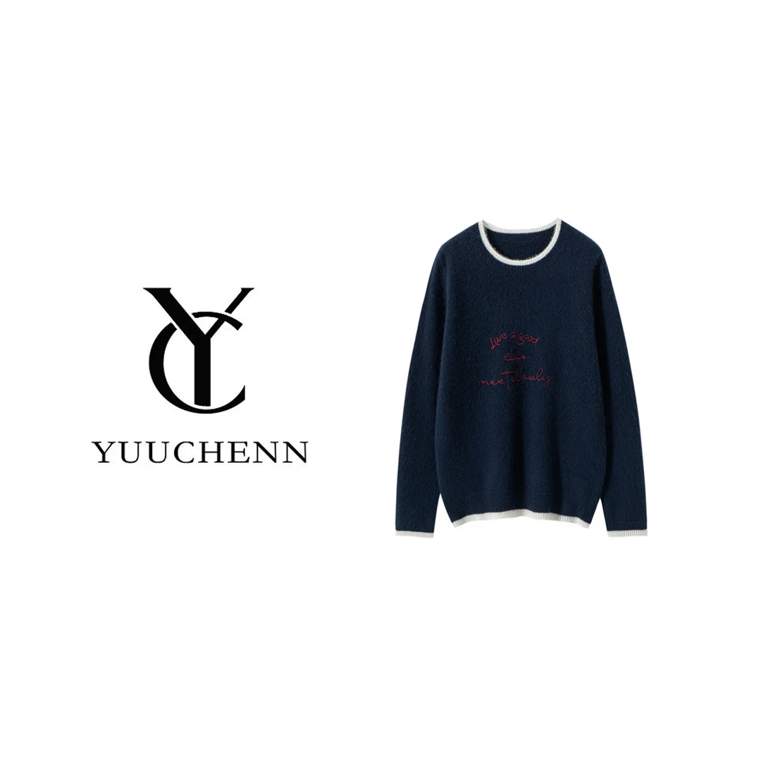 YUUCHENN羊绒拼色刺绣七针圆领5005