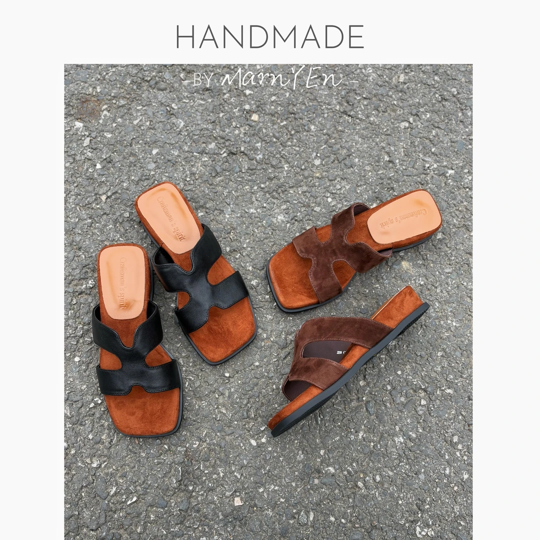 漫言町4cm头层羊皮方头复古简约h拖时装凉拖鞋坡跟软底平底休闲