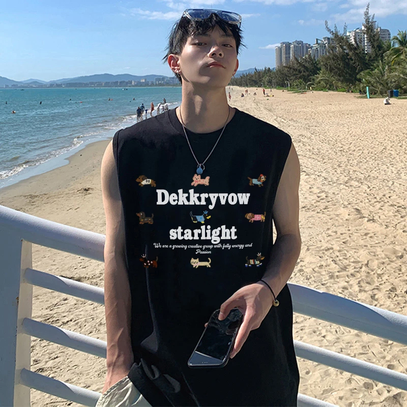 100%纯棉美式潮牌休闲宽松背心男女狗狗字母印花夏季情侣无袖上衣