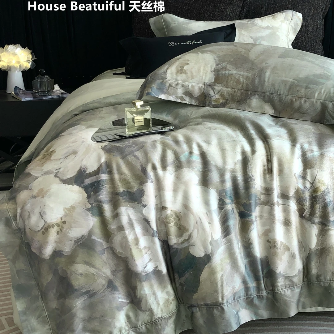 House Beatuiful天丝棉轻奢印花四件套丝滑被套夏季纯色床单被罩