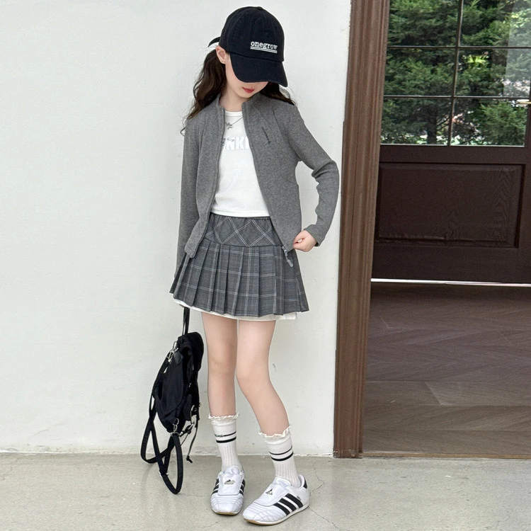 女童格子半身裙套装洋气2025新款秋季儿童时尚针织拉链开衫两件套